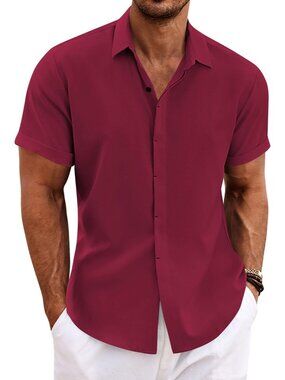 Men's Wine Red Classic Beach Linen Sleeve Casual Imported Button Dow Shirt